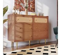 Commode 6 Tiroirs, Buffet Haut en Rotin avec Poignées en Métal, Armoire À Bijoux, pour Chambres Et Tous Les Salons, Noyer -h90/l120/p40 cm