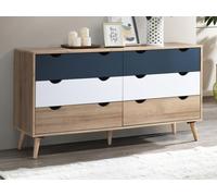 Commode 6 tiroirs - Coloris : Naturel, blanc et bleu marine - LURVIA