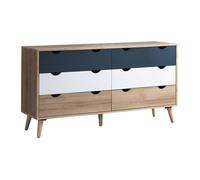 Commode 6 tiroirs - Coloris : Naturel, blanc et bleu marine - LURVIA