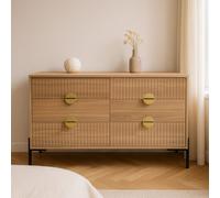 CONCEPT USINE | Commode 6 Vallo Tiroirs Bois Chêne Clair & Poignées Dorées | Design Bas et Allongé | Pieds Métal Noir 15 cm | Façades Rainurées Élégantes | 124x75x40 cm | Rangement Chambre ou Salon