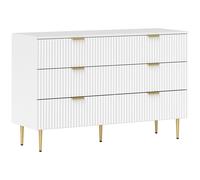 Commode 6 Tiroirs Design Effet Cannelé Piètement Poignées Métal Doré Blanc