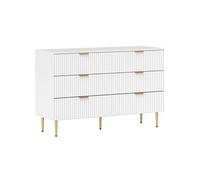 Commode 6 tiroirs design effet cannelé piètement poignées métal doré blanc