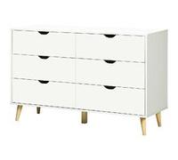 Commode 6 tiroirs design scandinave piètement effilé incliné bois pin panneaux blanc