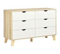 Commode 6 Tiroirs Design Scandinave Piètement Effilé Incliné Bois Pin Panneaux Blanc Effet Bois Blanc