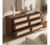 Commode 6 Tiroirs Effet Noyer, Façades Effet Cannage - Buffet Bas - 120 × 40 × 80 cm - Style Boho Chic - Meuble de Rangement