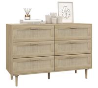 Commode 6 Tiroirs Style Bohème Chic - Dim. 110l X 40l X 75h Cm - Cannage Rotin Aspect Bois Clair