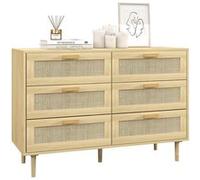 HOMCOM Commode 6 tiroirs Meuble de Rangement avec Tissage en rotin dim. 110L x 40l x 75H cm Aspect Bois Clair