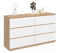 IDMarket – Commode TOMI XXL 6 tiroirs 140 cm bois façon hêtre et blanc