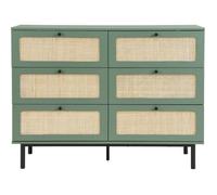 Commode 6 tiroirs vert et cannage 120 cm - Luma