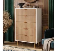 Commode - 60x40x105cm - 5 Tiroirs Spacieux, Poignées & Pieds Dorés - Meuble Chiffonnier Bicolore Moderne en Bois Blanc