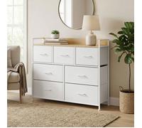 Commode, 7 Tiroirs en Tissu, Cadre en Métal, Style Moderne, Blanc et Beige
