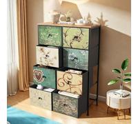 Commode 8 Tiroirs en Tissu, Tour Rangement Tissu avec Motif Floral, Meuble de Rangement Vintage avec Plateau en Bois et Structure en Métal, pour Chambre, Salon, Couloir, 67,5x30x100 cm (8 Tiroirs)