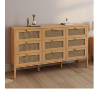 IDMarket - Commode 9 tiroirs EDHEN XXL 136 cm Bois et cannage