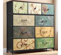 Commode 9 Tiroirs, Tour Rangement Tissu, Armoire Industrielle, Unité Haute Bacs Tissu, Cadre en Métal, Plateau en Bois, Rustique, pour Chambre, Couloir, Entrée, 100x30x100 cm (Noir, 100x30x100)