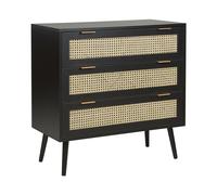 Beliani Commode à 3 Tiroirs en Rotin Façade MDF Noir avec Pieds en Bois d'Hévéa Meuble de Style Boho Opoco