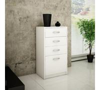 Commode à 4 tiroirs avec surface mate, commode de 45 cm de large, armoire en bois, commode avec tiroirs, buffet, buffet haut, buffet, chambre, salon, couloir, organiseur de bureau, blanc