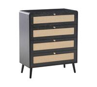 Commode à 4 Tiroirs Bohème en MDF et Rotin PE Pieds en Bois avec Poignées Dorés