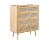 Commode à 4 Tiroirs en Rotin Bois Clair Style Boho Façade Grillagée Rangement Pe