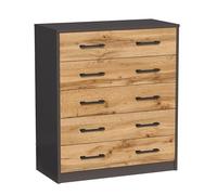 Commode à 5 tiroirs avec surface mate, commode de 74 cm de large, armoire en bois, commode avec tiroirs, buffet, buffet haut, buffet, chambre, salon, couloir, bureau, organiseur, chêne graphite