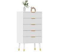 Commode à 5 Tiroirs en Plaque Plastique avec Pieds Dorés, Meuble de Rangement Moderne pour Chambre à Coucher/Couloir/Entrée/Salon, Armoire de Rangement avec Poignées Dorées et Glissières Métalliques