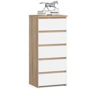 Commode à 5 tiroirs, pour chambre à coucher, couloir, salon, organiseur, commode, avec tiroirs, 40 cm de large, 92 cm de haut, chêne sonoma blanc, buffet, armoire multi-usages, étroite