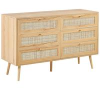 Commode à 6 Tiroirs en Rotin Bois Clair Style Boho Façade Grillagée Rangement Perote