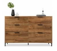 Commode à 6 tiroirs, style rétro, en bois, avec poignée et pieds en métal, pour chambre à coucher et salon, armoire de rangement, 120 x 40 x 83 cm, chêne foncé