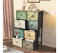 Commode à 8 tiroirs, Commode Rétro à Motif Floral avec 8 Tiroirs Armoire Industrielle, Cadre en métal, Plateau en Bois, Tiroirs en Tissu, pour Salon, Chambre, Entrée, Cuisine, Couloir (Rétro-b, B)