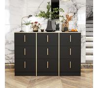 Commode à 9 tiroirs - Buffet strié Noir et doré avec 9 tiroirs - avec poignées en métal doré - pour Couloir, Salon, Chambre à Coucher - 120 x 40 x 80 cm