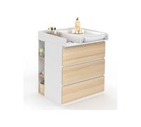 IDMarket Commode à langer évolutive AMBRE hêtre/blanc 3 tiroirs table & 2 étagères