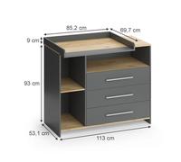 Vicco Commode à Langer Oskar, Anthracite/chêne doré, 113x93cm avec 3 tiroirs