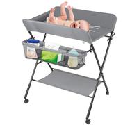 Commode à langer pliable pour bébé, table à langer mobile avec matelas à langer, ceinture de sécurité et compartiments de rangement, peu encombrant et stable, 80 x 66 x 98 cm (gris)