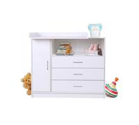 Commode à Langer pour bébé en Bois avec Plan à Langer, 3 tiroirs, 1 Porte, Blanc, 113x100 cm, poignées chromées