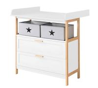 Commode à Langer ROBA - Berlin - 2 Tiroirs + 2 Boîtes de Rangement en Tissu - Meuble à Langer Évolutif - Blanc - Bambou