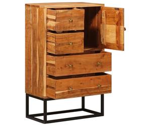 Commode à tiroirs naturel en bois d'acacia massif avec cadre en métal 55 x 30 x 90 cm, 4 tiroirs et 1 porte, espace de rangement moderne pour salon, chambre à coucher, couloir, rangement peu