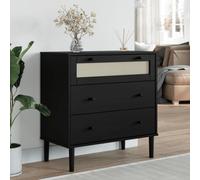 Commode à tiroirs Senja aspect rotin noir 80 x 40 x 80 cm en pin massif | 3 tiroirs, polyrotin tressé Vienne, vernis UV, support mural inclus, design rétro bohème