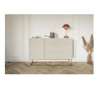 Selsey Commode Armoire Porte 3 Tiroirs Façade Fraisée 140 cm sur Pieds Dorés Meuble De Rangement Gris Beige Veldio