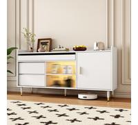 Commode AIORBER, avec portes coulissantes en verre, éclairage LED, grand espace de rangement, sideboard, bois massif, pour salle à manger, salon, 140x38x76 cm, blanc