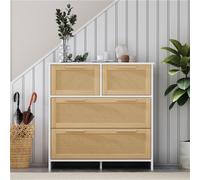 Commode AIORBER, rotin, poignées en bois massif, matériau aggloméré, sécurité anti-basculement, grand espace de rangement, convient pour l'entrée, le salon, 80x80x38cm, naturel+blanc