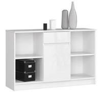Commode AKORD B17 Blanche 120 cm 1 porte 1 tiroir façade Blanche Brillante 6 étagères 120x40x77 cm Blanc / Blanc Brillant G