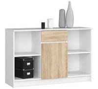 Commode AKORD B17 Blanche 120 cm 1 porte 1 tiroir façade Chêne Sonoma 6 étagères 120x40x77 cm Blanc / Chêne Sonoma G