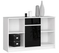 Commode AKORD B17 Blanche 120 cm 1 porte 1 tiroir façade Noir Brillant 6 étagères 120x40x77 cm Blanc / Noir Brillant G