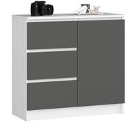 Commode AKORD JERRY Blanche 80 cm 1 porte 3 tiroirs façade Gris Graphite 2 étagères 80x35x77 cm