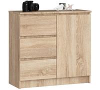 Commode AKORD JERRY Chêne Sonoma 80 cm 1 porte 3 tiroirs façade Chêne Sonoma 2 étagères 80x35x77 cm