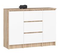 Commode AKORD K100 Chêne Sonoma 101 cm 2 portes 3 tiroirs façade Blanche 4 étagères 101x35x76 cm