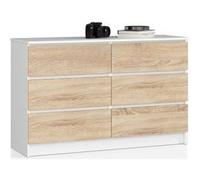 Commode AKORD K120 Blanche 120 cm 6 tiroirs façade Chêne Sonoma 120x40x77 cm Blanc / Chêne Sonoma G