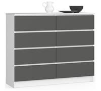 Commode AKORD K120 Blanche 120 cm 8 tiroirs façade Gris Graphite 120x40x99 cm