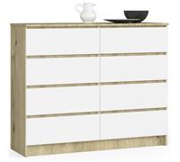 Commode AKORD K120 Chêne Artisan 120 cm 8 tiroirs façade Blanche 120x40x99 cm