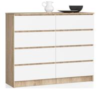 Commode AKORD K120 Chêne Sonoma 120 cm 8 tiroirs façade Blanche 120x40x99 cm