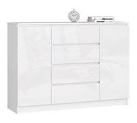 Commode AKORD K140 Blanche 138 cm 2 portes 4 tiroirs façade Blanche Brillante 4 étagères 138x40x99 cm Blanc / Blanc Brillant G